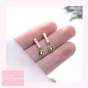 Dainty Green Crystal and Simulated Pearl Earrings Festive Minimalist Elegant